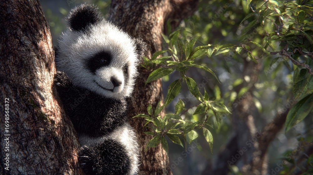 Obraz premium a captivating scene featuring a panda bear perched in a tree with lush green leaves. the panda bear is facing towards its left, seemingly observing something off screen
