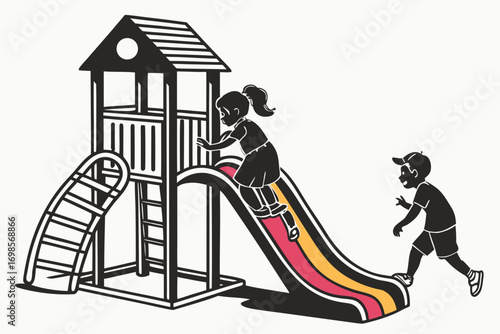 Children playing on a colorful playground slide