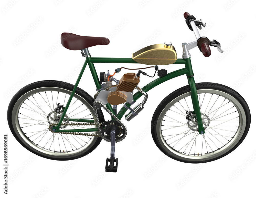 Fototapeta premium Motorized Push Bike with 2-Stroke Petrol Engine Kit, combining bicycle agility and motor power for custom transport projects. Isolated on Transparent HD Background, perfect for DIY urban commute.