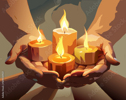 Glow of burning candles in the dark hands