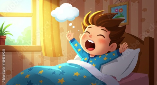 Illustration of a happy boy waking up in the morning with sunlight streaming through the window