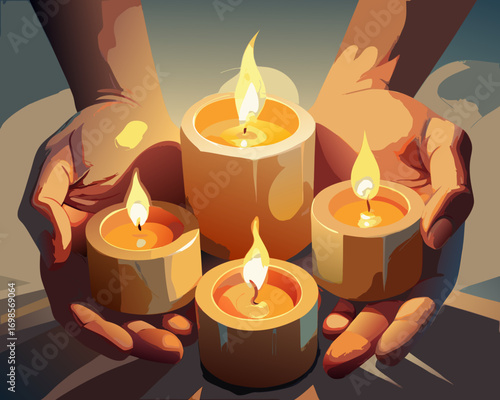 Romantic glowing flame on wax candles burning in the dark