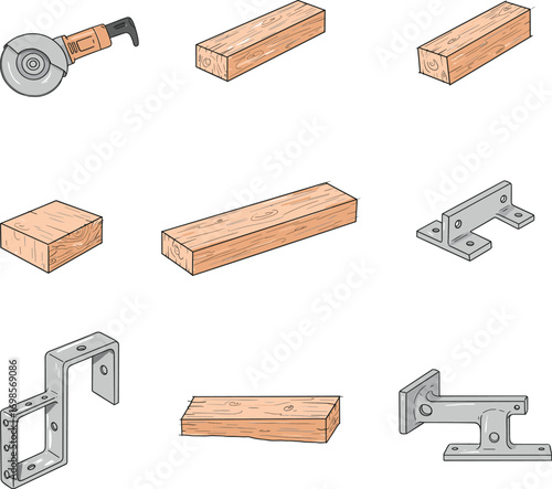 Vector Set of Wood Planks, Angle Grinder, and Steel Brackets – Construction Materials and Tools for Carpentry, Framing, and Building Projects