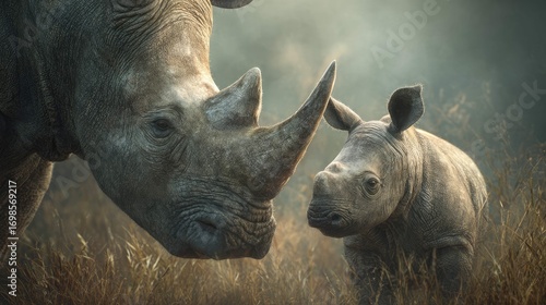 an intimate moment in the wild between a rhinoceros and its calf. the two animals are positioned closely to each other, appearing to engage in a tender interaction