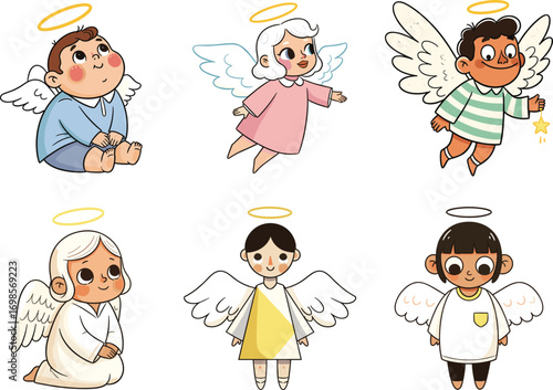 Diverse cartoon angels with halos wings and colorful outfits in various poses, multicultural characters, cute whimsical heavenly illustration for children