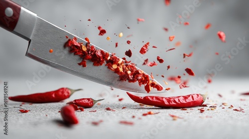 A sharp knife forcefully slices through a vibrant red chili pepper, causing it to explode into a shower of fiery fragments. The pepper rests on a gray concrete surface, 