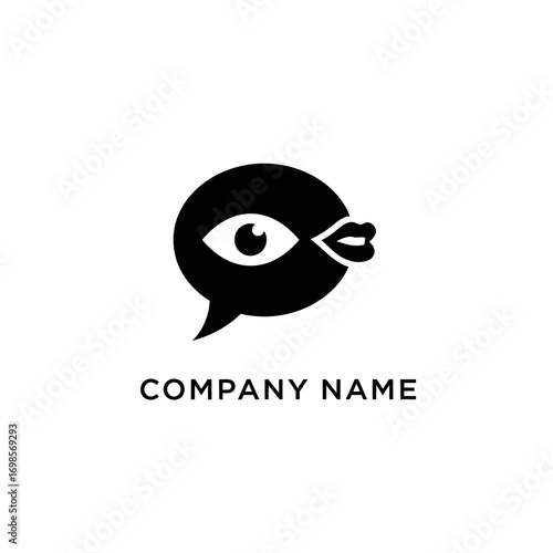 Creative logo design with eye and lips inside speech bubble.
