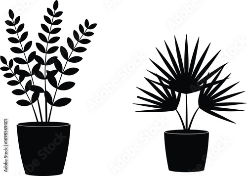 Vector Silhouettes of Potted Houseplants with Varied Leaf Shapes, Minimalist Black Plant Illustrations for Home Decor, Gardening, and Nature Design Projects