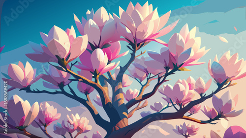 A delicate pink lotus blossom on a branch with fresh green leaves evokes the beauty of spring and summer