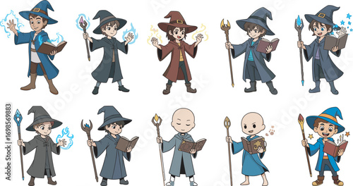Cartoon wizard characters casting magic spells with staffs and books, fantasy illustration for mystical, magical, whimsical, and enchanted themes.Cartoon  