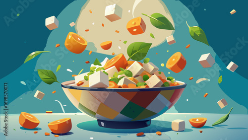 A colorful vector illustration of a bowl with a spoon and fork, perfect for food, soup, or baby dish designs