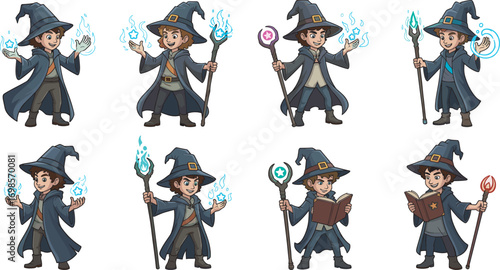 Cartoon wizard characters casting magic spells with staffs and books, fantasy illustration for mystical, magical, whimsical, and enchanted themes.