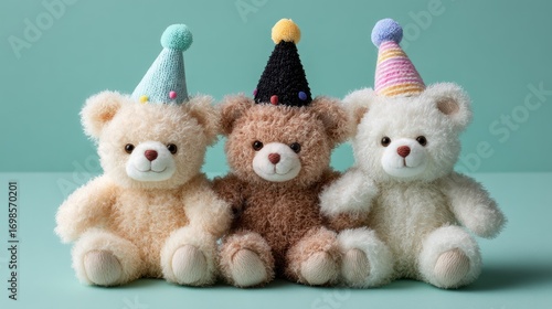 Three plush teddy bears sit side-by-side on a light teal surface. Each bear wears a miniature party hat in a different color ? light blue, yellow, and black ? adorned with small pom-poms. 