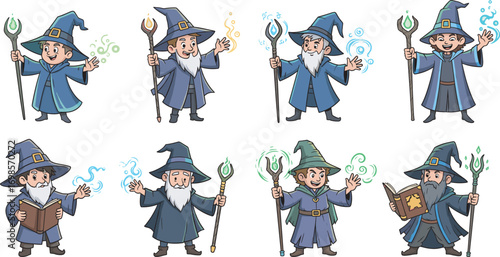 Cartoon wizard characters casting magic spells with staffs and books, fantasy illustration for mystical, magical, whimsical, and enchanted themes.