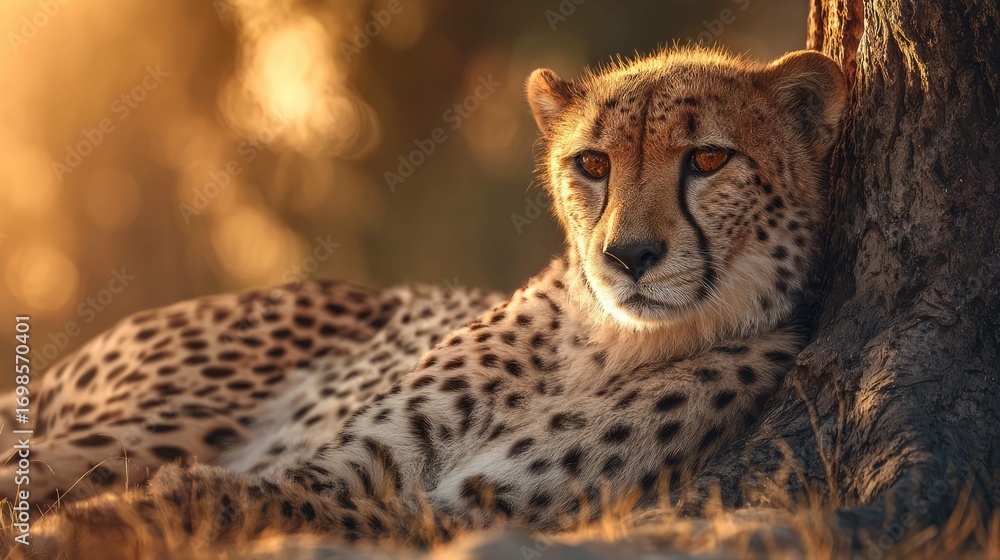 Fototapeta premium a cheetah rests in a grassy area with a mix of natural hues including greens, browns, and hints of purple and orange light, likely dawn or dusk