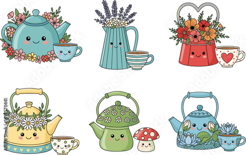 Whimsical cartoon teapots with matching teacups, floral and nature decorations, cute kitchenware vector illustration for tea lovers and home decor