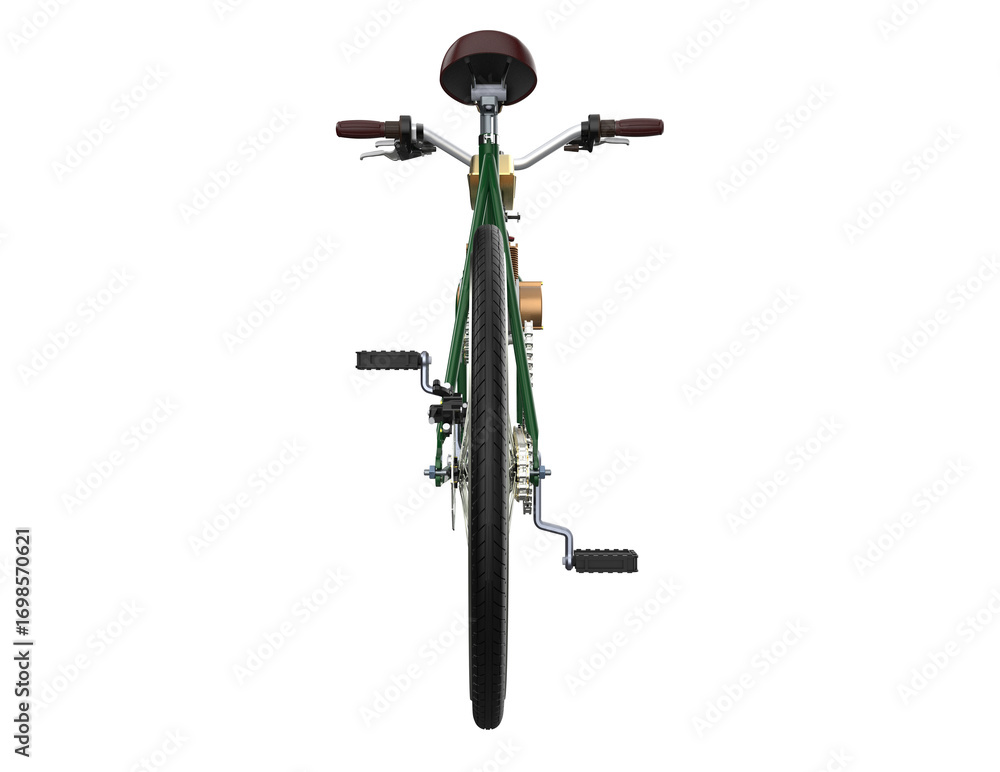Naklejka premium Isolated vintage-style motorized bicycle in vibrant green, featuring an installed engine conversion kit and retro brown leather seat. Detailed 3D model PNG with transparent background for classic