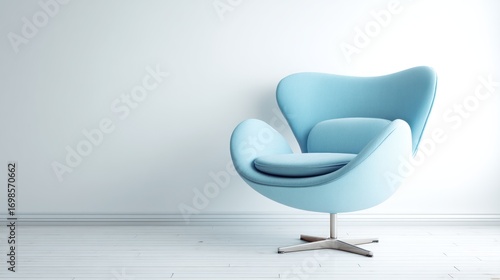 A single, light blue Swan Chair sits prominently in a minimalist room. The chair, with its distinctive rounded shell and chrome base, is positioned slightly off-center against a stark white wall.
