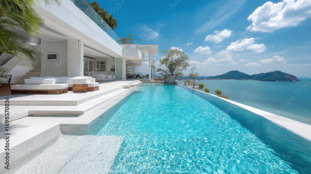Fototapeta premium A stunning, modern villa extends dramatically over a cliffside overlooking a turquoise ocean. A long, rectangular infinity pool dominates the foreground,