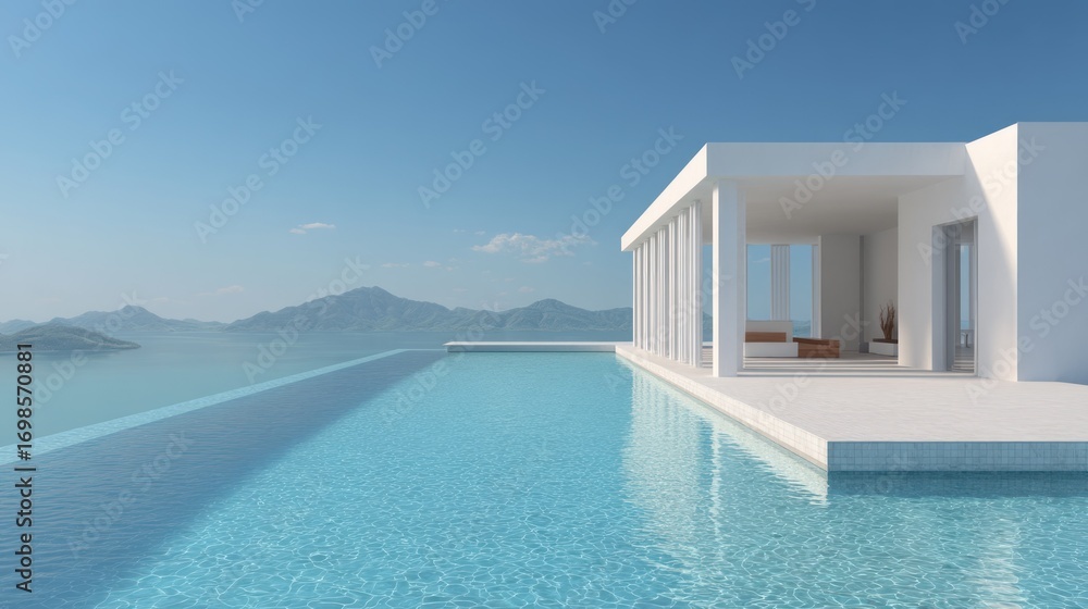 Fototapeta premium A minimalist, modern villa extends dramatically over a turquoise sea. The building features a stark white, rectangular design with large glass windows and columns, 