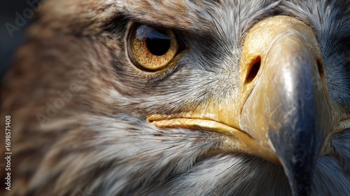 the image prominently features a close up of an eagle's head with a beady eye and sharp talons visible