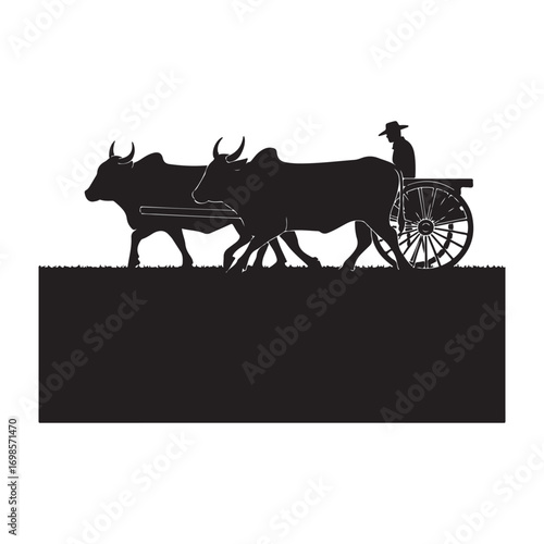 Silhouette of oxen pulling a cart with a man in a hat representing traditional farming and rural transportation with copy space below ideal for logos and design elements