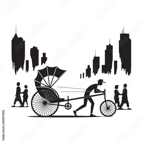 Silhouette of Rickshaw Puller in Cityscape with Passengers and Skyscrapers Depicting Traditional Transportation and Urban Life