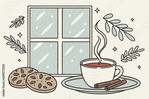 Cozy winter scene with hot drink and cookies by the window