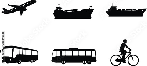 Airplane silhouette, cargo ship vector, passenger bus icon, bicycle rider illustration, transport vehicle set, travel commute design, transportation collect