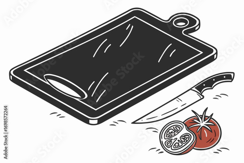 Cutting board knife and tomatoes illustration