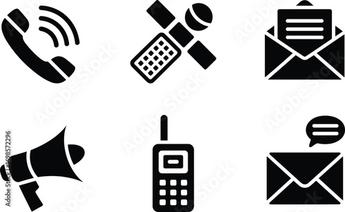 Communication icons, phone call, satellite, email, message, megaphone, mobile device, black silhouette symbols, digital communication set, technology vector
