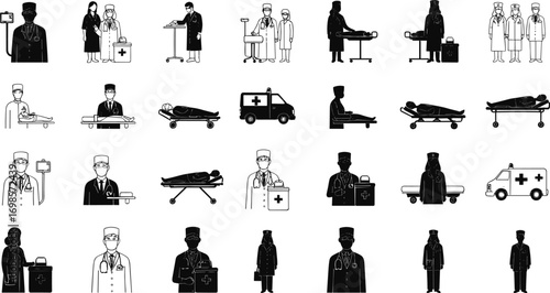 Doctor silhouette, nurse vector, hospital staff, patient stretcher, ambulance icon, medical team, healthcare illustration, emergency medicine, clinic staff, treatment