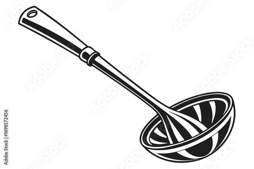 Stylized black and white illustration of a ladle