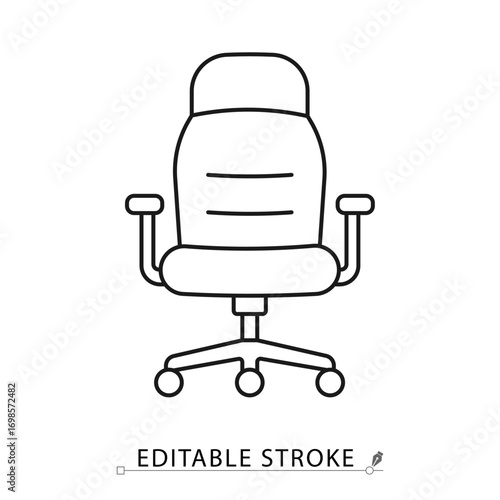 An office chair icon in minimalist style with editable stroke. Workplace furniture symbol, ergonomic seat element, comfort object, interior concept, business pictogram, desk chair design