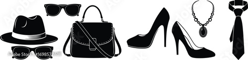Fashion accessories silhouette, hat, sunglasses, handbag, necklace, tie, high heel shoes, jewelry, elegant style, glamour items, vector design