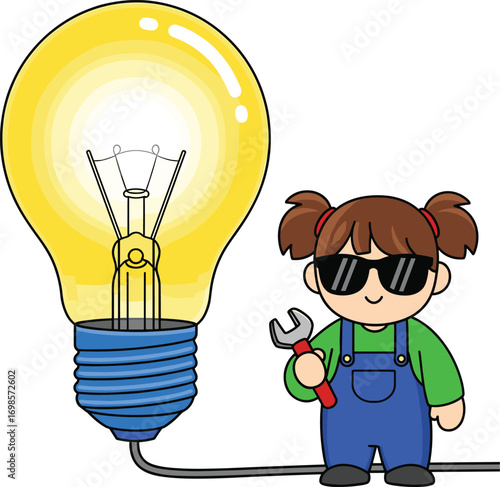 Cute cartoon girl electrician with wrench, large glowing lightbulb, sunglasses, overalls, innovation, repair, creativity, bright idea concept, flat vector illustration