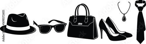 Fashion accessories illustration, hat, sunglasses, handbag, necklace, tie, high heel shoes, jewelry, stylish items, black silhouette vector design