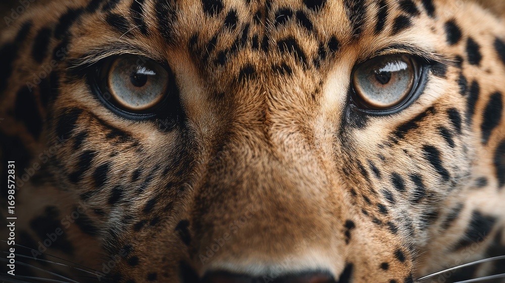 Fototapeta premium a close up of a leopard's face with its eyes looking forward, captured in such a way that the background is indistinct but appears to be darker than the leopard's fur