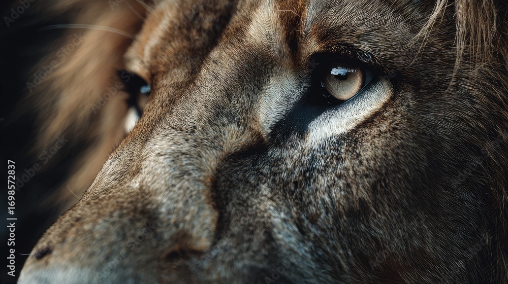 Naklejka premium a majestic lion's face with its eyes looking directly into the camera. the lion appears to be in motion, as indicated by the blurred background, which suggests speed or movement