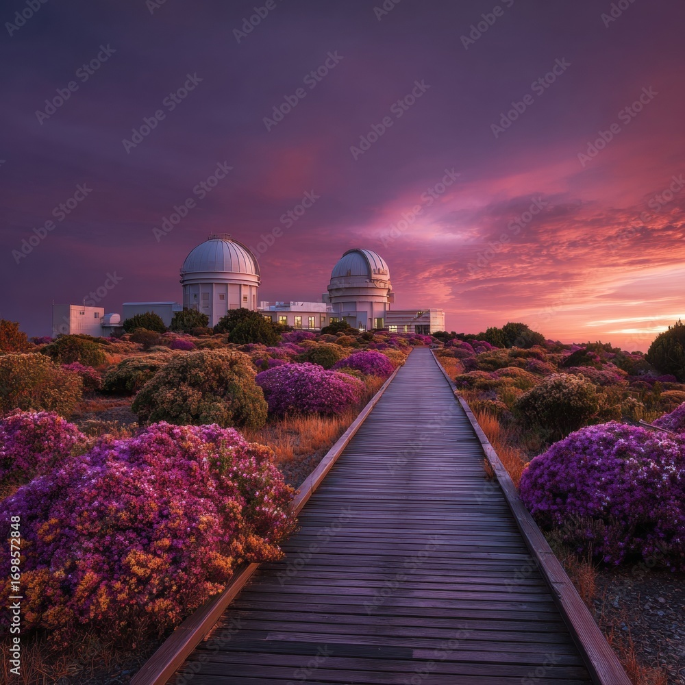 Obraz premium Observatory at Sunset with Purple Flower Garden