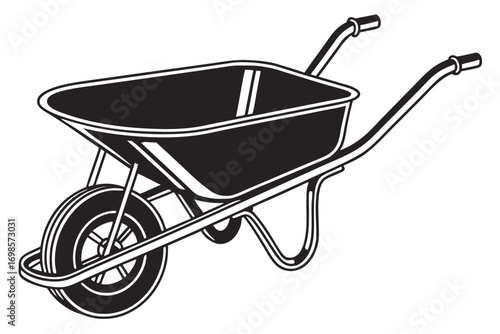 Black and white illustration of a garden wheelbarrow