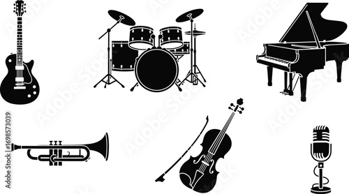 Musical instrument silhouette, guitar, drum set, piano, trumpet, violin, microphone, black vector, music icons, orchestra, jazz, rock illustration