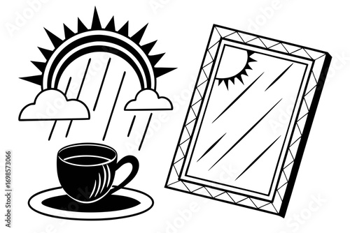 Morning coffee reflection with sun and rain