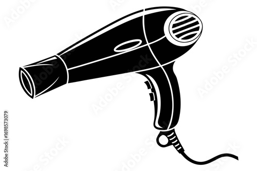 Stylized black silhouette of a modern hair dryer