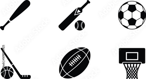 Sports equipment silhouette vector set, baseball bat, cricket bat, soccer ball, basketball hoop, hockey stick, rugby ball, athletic design
