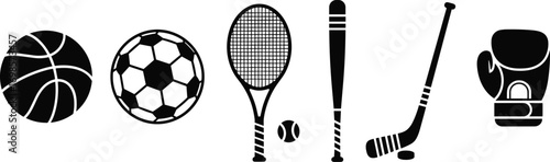 Sports equipment silhouette, basketball, soccer, tennis racket, baseball bat, hockey stick, boxing glove, black vector, sport icons illustration