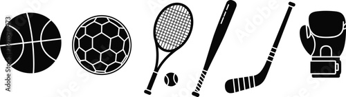 Sports silhouette vector, basketball ball, soccer ball, tennis racket, baseball bat, hockey stick, boxing glove, black sport icons