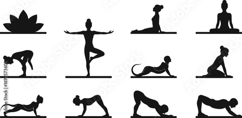 Yoga poses, meditation silhouette, fitness exercise, stretching body, healthy lifestyle, relaxation practice, balance posture, pilates vector, mindfulness icon, spiritual wellness