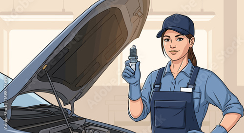 Female car mechanic holding spark plug near open hood