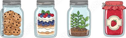 Set of four glass jars with cookies, layered dessert, plant terrarium, strawberry jam, food storage, kitchen decor, flat vector illustration